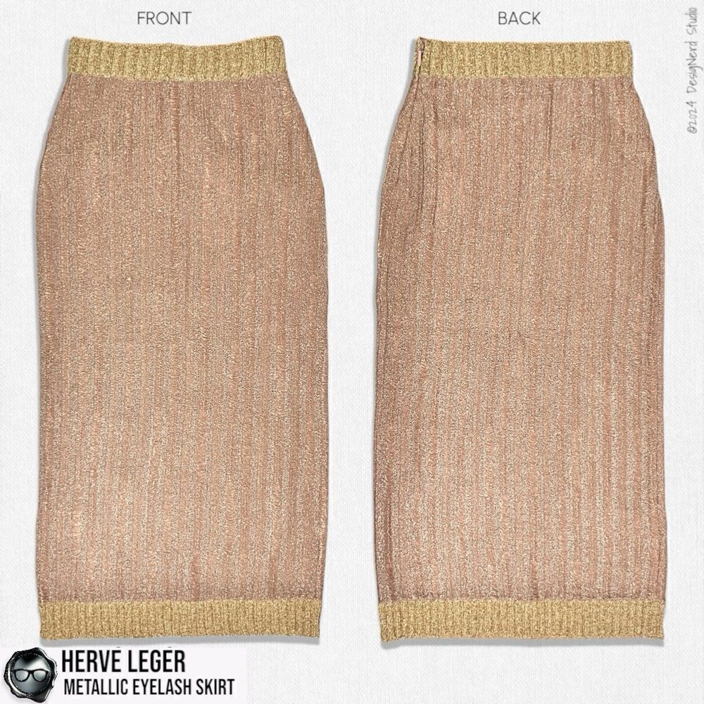HERVÉ LÉGER METALLIC LUREX EYELASH MIDI PENCIL SKIRT IN ROSE BLUSH & GOLD SMALL